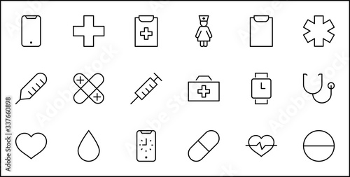 Set of Medicine vector line icons. It contains the first aid kit, nurse, syringe, thermometer, plastic, pills, heart, drop of blood, palpitation and much more. Editable Stroke. 32x32 pixels.
