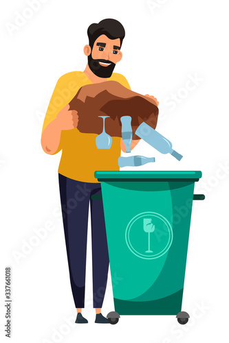 Man throw glass in garbage tank isolated on white