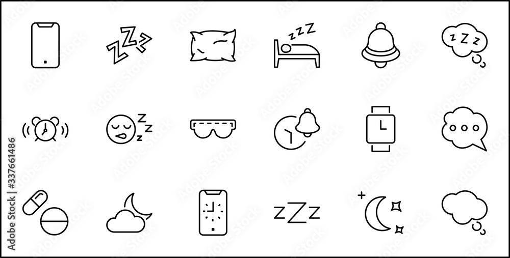 Fototapeta premium Sleep Vector Line Icons Set. Contains such Icons as Alarm Clock, Bed, Insomnia, Pillow, Sleeping Pills, Bell, Glasses for sleep, Bubble and more. Editable Stroke. 32x32 Pixels