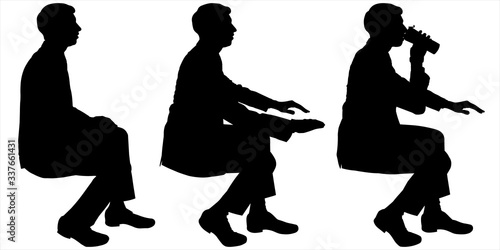 Vector illustration three silhouettes of men sitting one after another. Businessman in a suit sits at a table. Man drinks from a thermo mug. Guy put his hands on the table. Work at the computer.