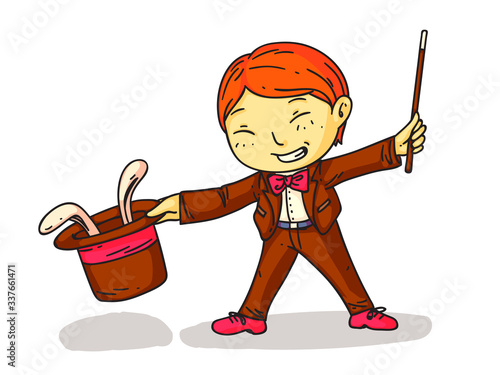Boy magician showing trick with hare on white