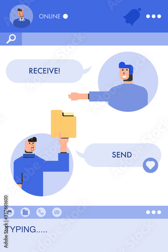 Man send document file or folder to his friend by using messenger application. Concept social media vector illustration.