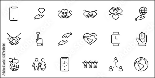 International Day of Human Solidarity Line Vector Icons Set. Contains such Icons as Handshake  Heart  planet Earth  helping Hand  People and more. Editable Stroke. 32x32 Pixels