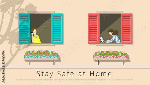 People staying at home in apartment building, open windows show neighbors working on computer and talking on phone. work from home