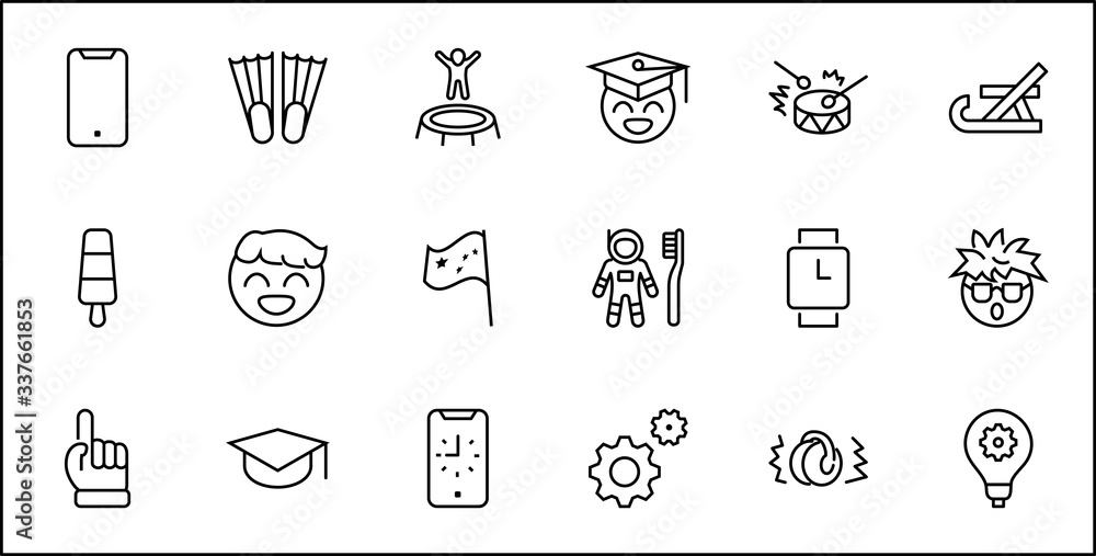 International World Day of Children's Inventions Set Line Vector Icon. Contains such Icons as Toothbrush astronauts, Trampoline, Flippers, Frozen juice, earmuffs. Editable Stroke. 32x32 Pixels