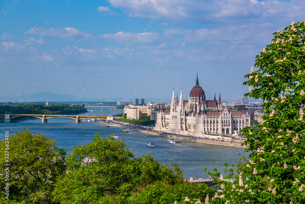 View of the parliament of Budapest and the Danube from above