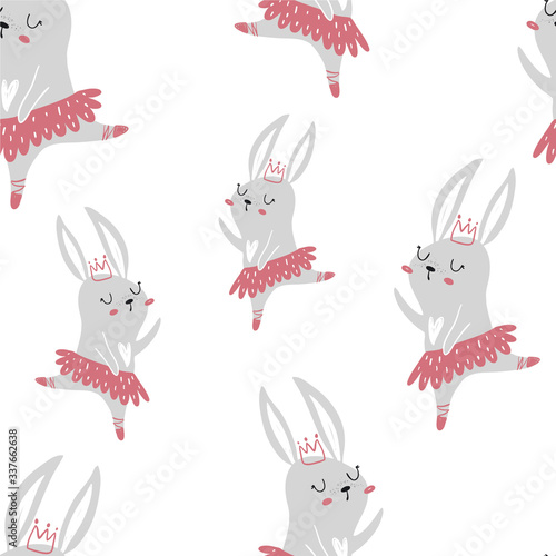 Vector hand-drawn colored seamless repeating children pattern with cute dancing bunnies ballerinas princesses with a crown in the Scandinavian style on a white background. Cute baby animals. 
