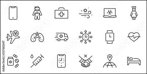 Set of Coronavirus Protection Vector Line Icon. Contains such Icons as Ambulance, Novel CoronaVirus, Protective Measures, Symptoms, Incubation Period and more. 32x32 Pixels. Editable Stroke