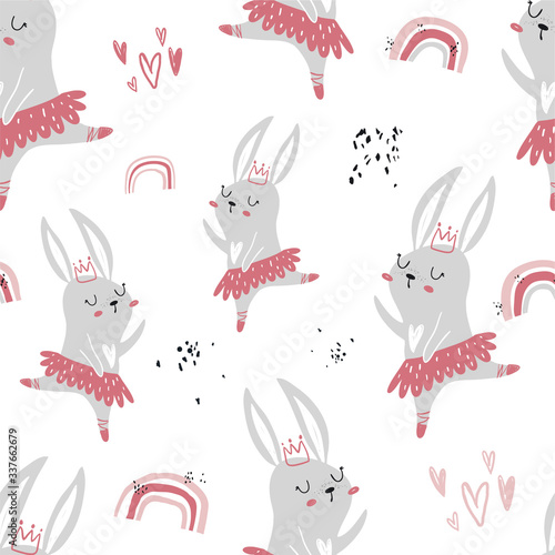 Vector hand-drawn colored seamless repeating children pattern with cute dancing bunnies ballerinas princesses with a crown in the Scandinavian style on a white background. Cute baby animals.