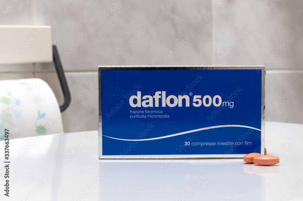 Box of Daflon coated tablets, a medicine used to treat hemorrhoids and
