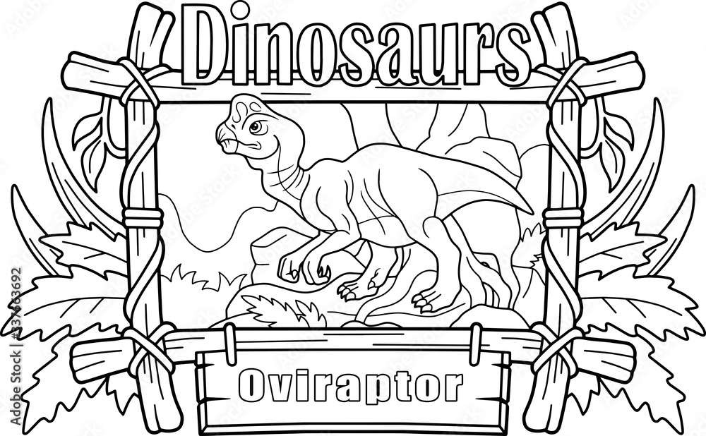 cartoon prehistoric dinosaur oviraptor, coloring book, funny illustration