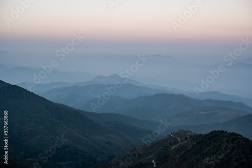 Twilight  sunrise and sea of fog in the morning on the mountains of northern Thailand  during the rainy season.