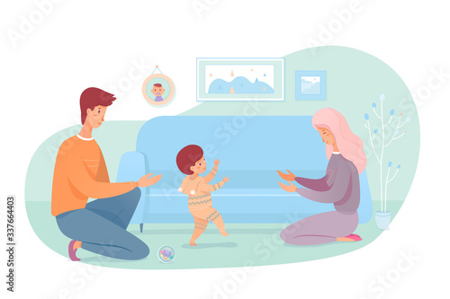 Happy mother and father teaching baby to walk