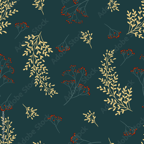 Vector seamless  pattern with  leaves and  flowers on dark background.  Flora...
