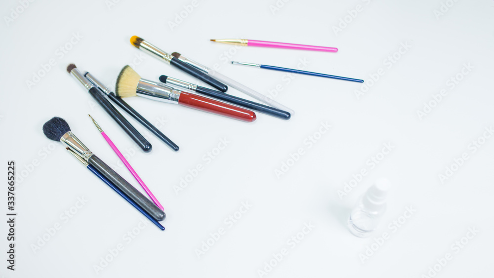 Hygienic care of makeup artist tools, white background