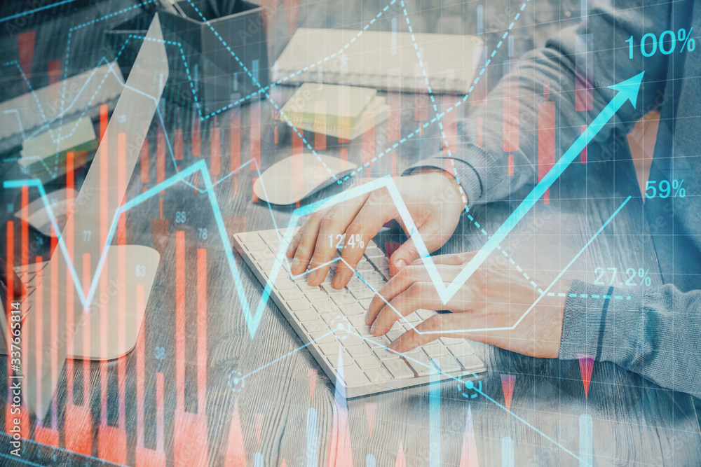 Double exposure of financial graph with man works in office on background. Concept of analysis. Double exposure of financial graph with man works in office on background. Concept of analysis.