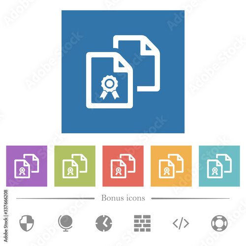 Copy certificate flat white icons in square backgrounds