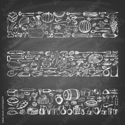 Vector illustration of fruit, vegetables, meat, seafood and various foods on a chalk board