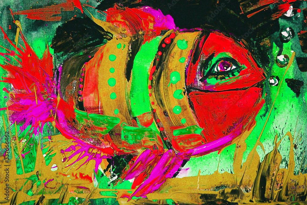 Dipinto colorato pesce sorridente rosso verde orientale