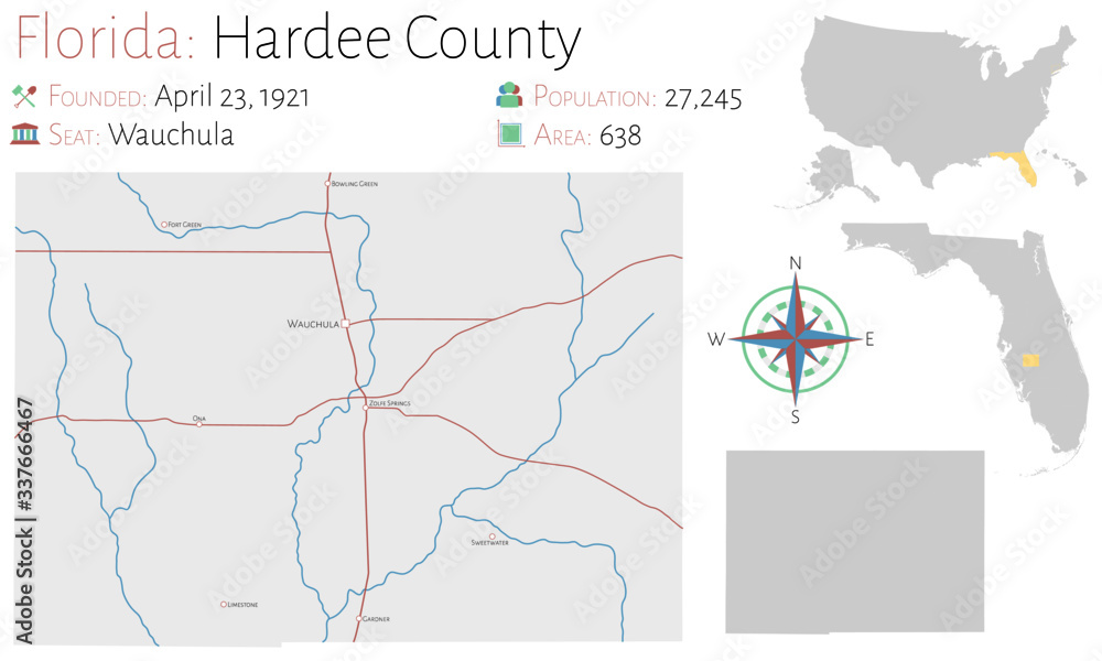 Large and detailed map of Hardee county in Florida, USA.