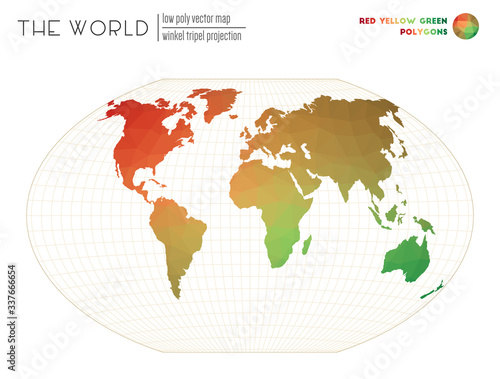 Low poly design of the world. Winkel tripel projection of the world. Red Yellow Green colored polygons. Neat vector illustration.