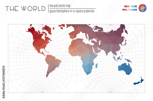 Polygonal map of the world. Guyou hemisphere-in-a-square projection of the world. Red Blue colored polygons. Awesome vector illustration.