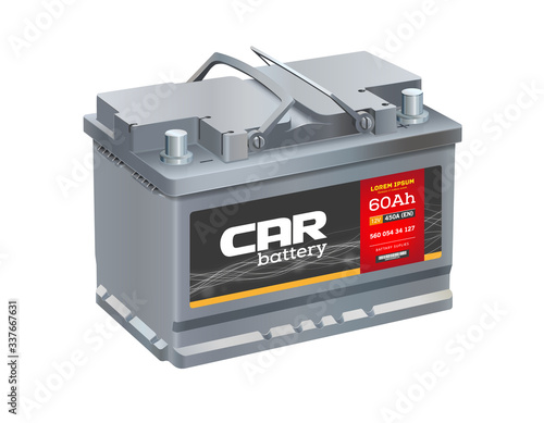 Car battery isolated on white background. Realistic vector. 12 volt car battery power cell. Battery Shop Logo.