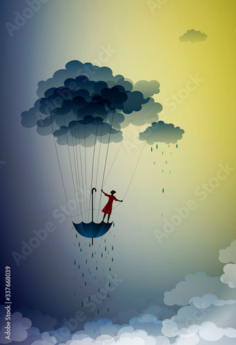 bring the dreaming rain, dream concept, girl silhouette flying on the air with clouds with umbrella and bringing the rain the sky, dreamer, flight to the rain dreamland, shadow story