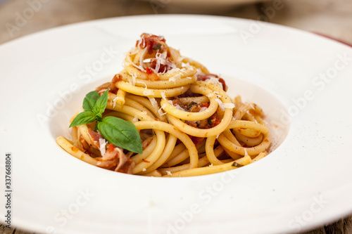 Close-up Of Spaghetti Served In Plate On Table