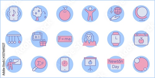 Newton's Day Set Line Vector Icon. Contains such Icons as Newton, Laws of physics and gravity, Flying Apple, Calendar, Teacher, blackboard and projector Editable Stroke. 32x32 Pixel Perfect