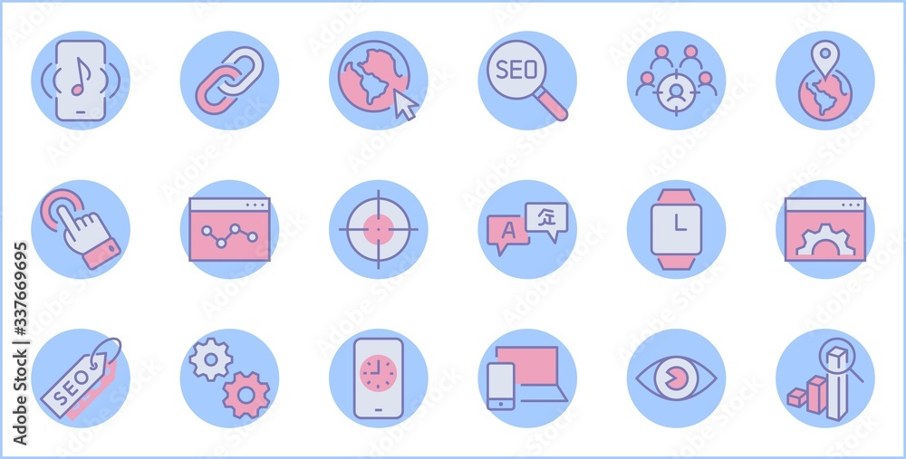 Set of SEO Related Vector Line Icons. Contains such Symbols as Web icon, Eye, Localization, Link, Traffic, Translate, Performance Tracking, Point and more. Editable Stroke. 32x32 Pixel Perfect.