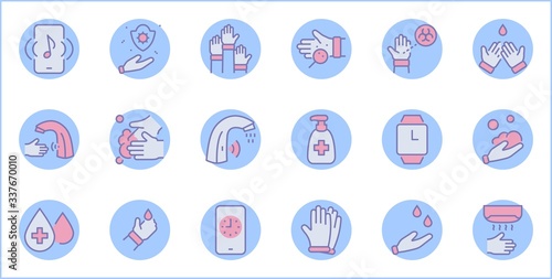 Set of Washing Hands Vector Line Icons. Contains such Icons as Coronavirus, Contactless Water Tap, Antiseptic, Washing Instruction, Hand Dryer, Soap and more. Editable Stroke. 32x32 Pixels.
