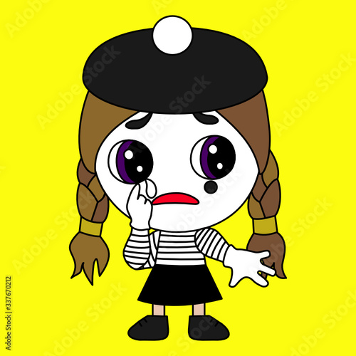 emoticon with girl panto mime that is mimicing crying face expression by gestures, classic pantomime artist w. white sad mask and a tear makeup wearing traditional french costume w. striped shirt & be