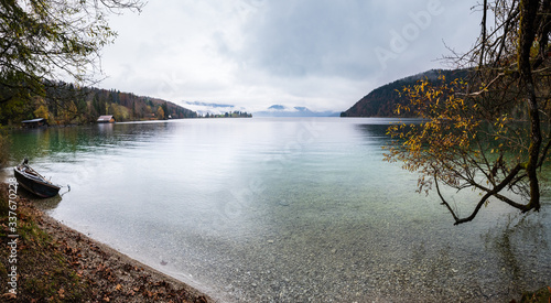 Mountain alpine autumn overcast evening lake Walchensee view, Kochel, Bavaria, Germany.