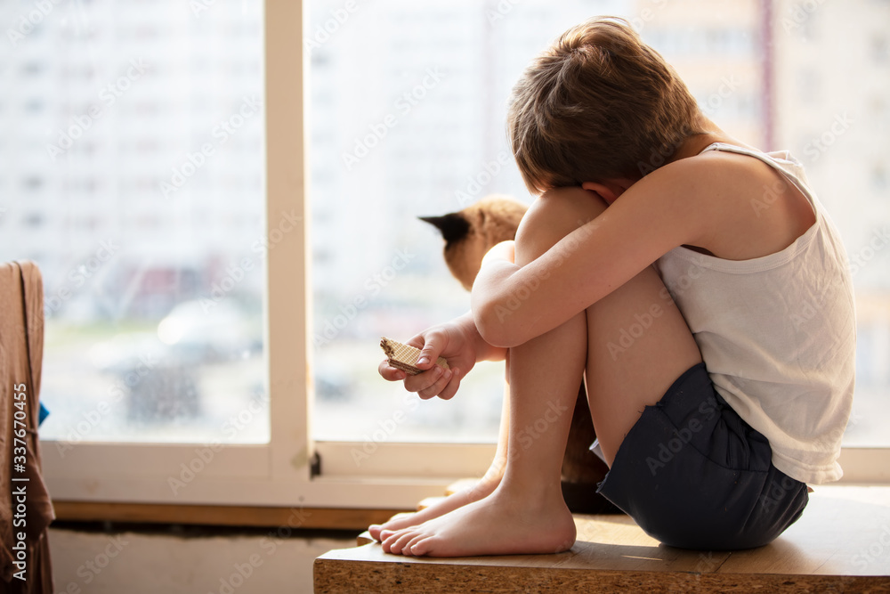 The child looks out the window. Quarantined self-isolation boy The child looks out the window. Quarantined self-isolation boy