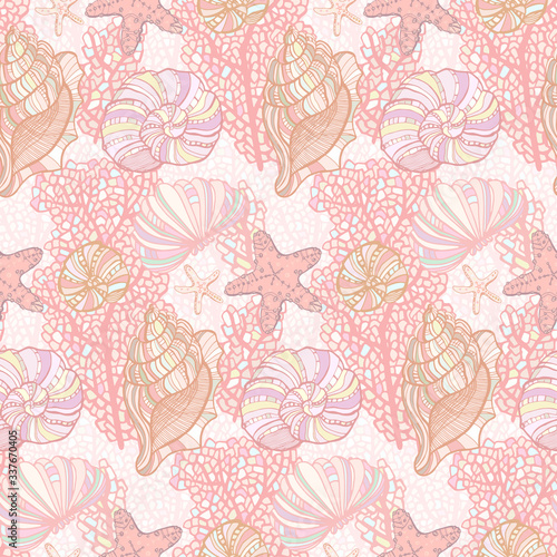 Seashells, starfishs, mollusks, Coral and Algae vector graphic colorful pattern