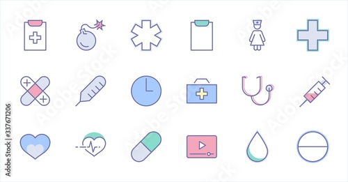 Set of Medicine vector line icons. It contains the first aid kit, nurse, syringe, thermometer, plastic, pills, heart, drop of blood, palpitation and much more. Editable Stroke. 32x32 pixels.