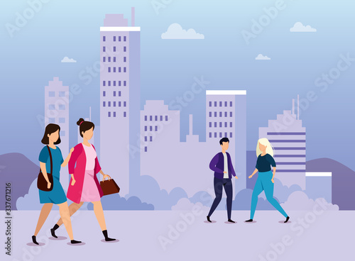 urban scene with young people walking vector illustration design