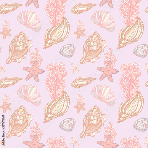 Seashells, starfishs, mollusks, Coral and Algae vector graphic colorful pattern