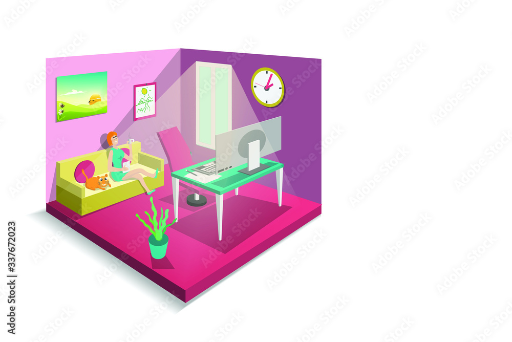 Work form home concept,Ladies sit down on sofa and cat,interior home work space,computer ,chair icons,happy holiday ,can use for template,banner.vector art and illustration. Work form home concept,Ladies sit down on sofa and cat,interior home work space,computer ,chair icons,happy holiday ,can use for template,banner.vector art and illustration.