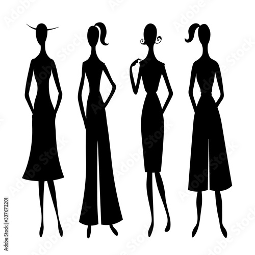 Fashion women in checkered dress. Drawing outline model set.