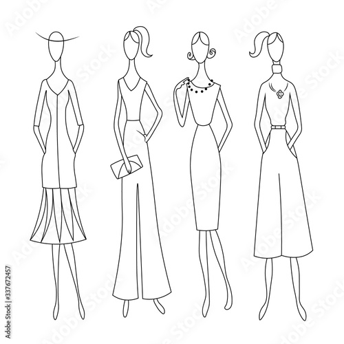 Fashion women in checkered dress. Drawing outline model set.