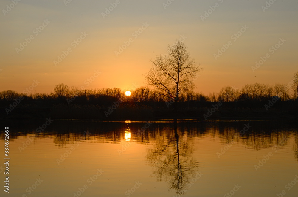 Chorzow Śląskie Poland. Sunset on the lake.