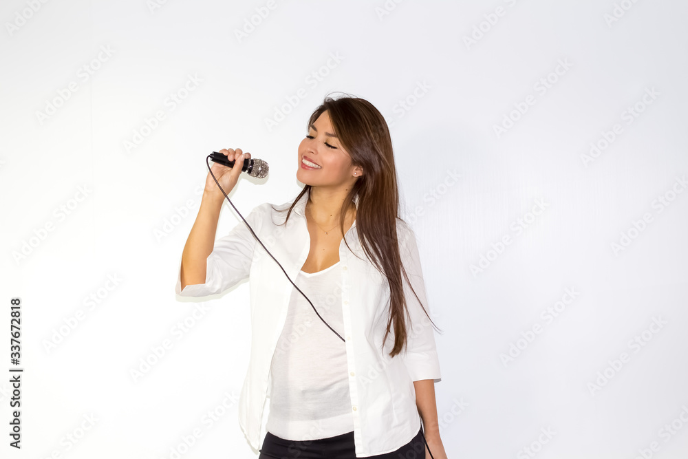 Beautiful singer smiling and sing a song Beautiful singer smiling and sing a song