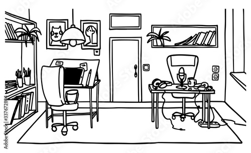 Outline hand drawn illustration of a cartoon studio office with illustrator and voice actor workplace. Vector interior sketch.