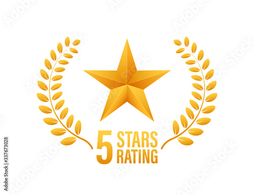 5 star rating. Badge with icons on white background. Vector illustration.