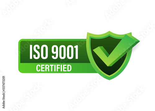 ISO 9001 Certified badge, icon. Certification stamp. Flat design vector.