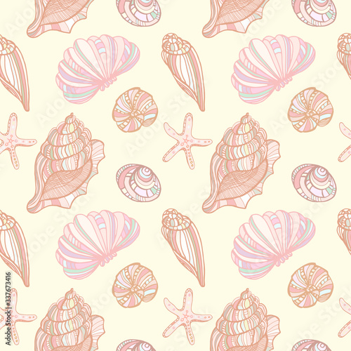 Seashells, starfishs, mollusks  vector graphic colorful pattern
