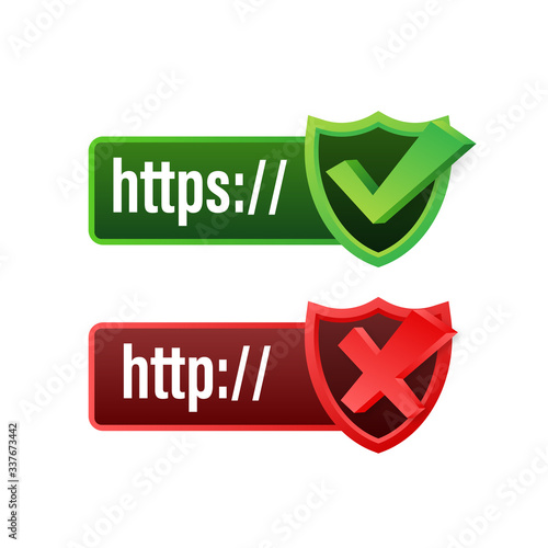 http and https protocols on shield, on white background. Vector stock illustration.