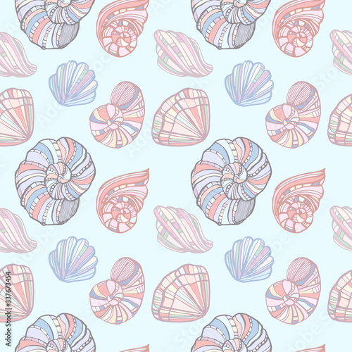 Seashells, starfishs, mollusks  vector graphic colorful pattern